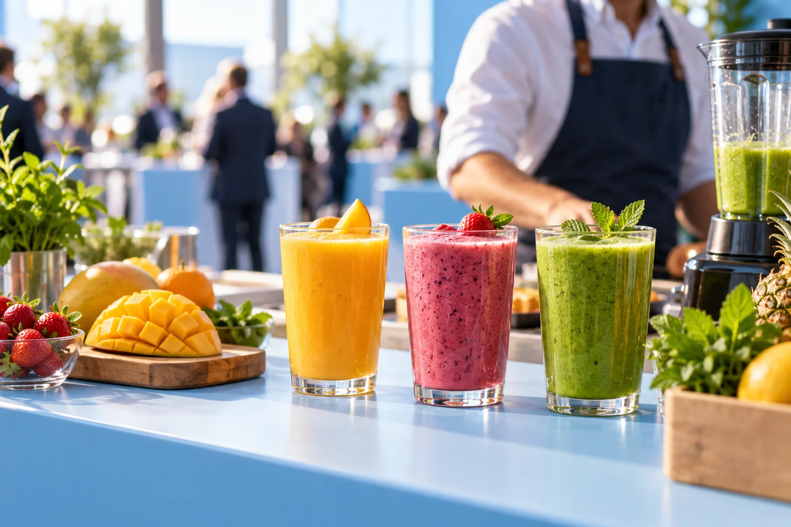 Illustratieve smoothiecounter met mango-, bessen- en groene smoothies en vers fruit