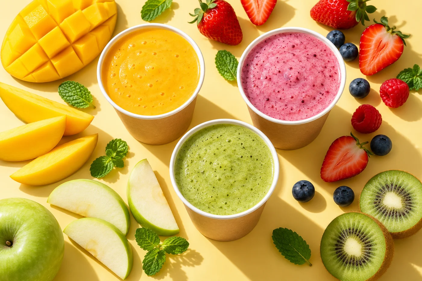 Illustratieve fruit- en smoothiecompositie op een lichtgeel werkblad